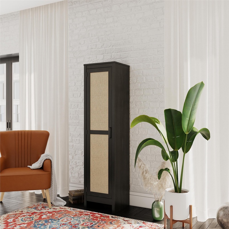 Queer Eye Wimberly Tall 1 Door Cabinet, Black Oak with Faux Rattan | Bigbigmart.com
