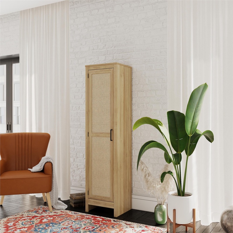 Queer Eye Wimberly Tall 1 Door Cabinet, Natural with Faux Rattan | Bigbigmart.com