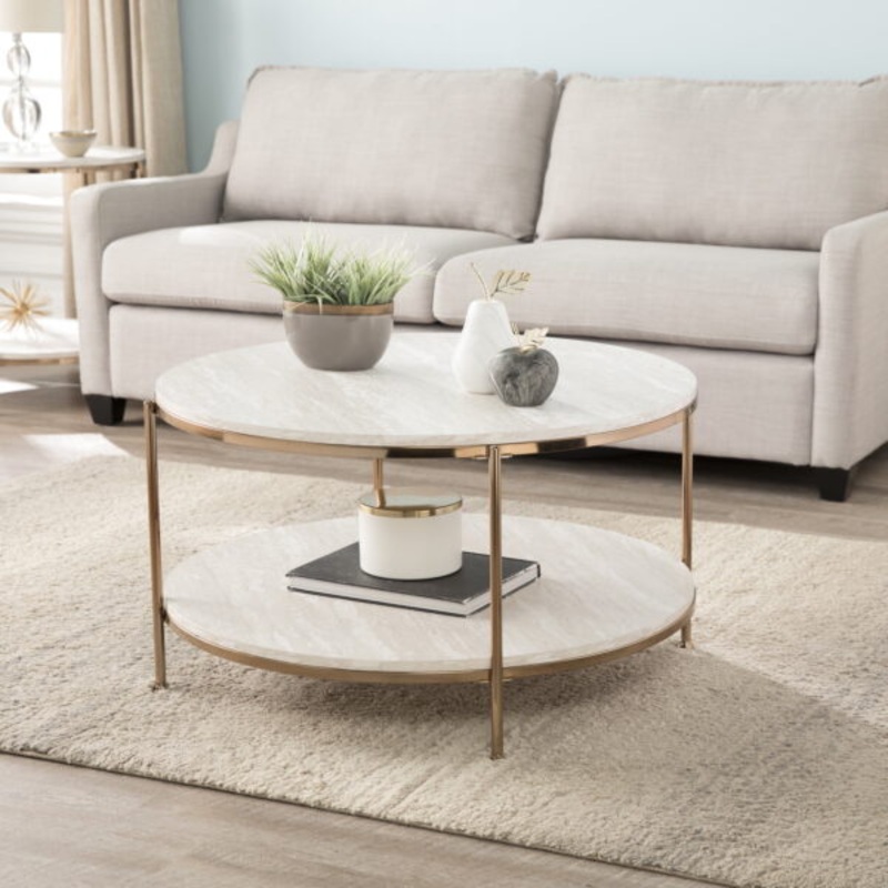 SEI Ojana Modern Metal and Faux Travertine 2 Tier Round Coffee Table, White | Bigbigmart.com
