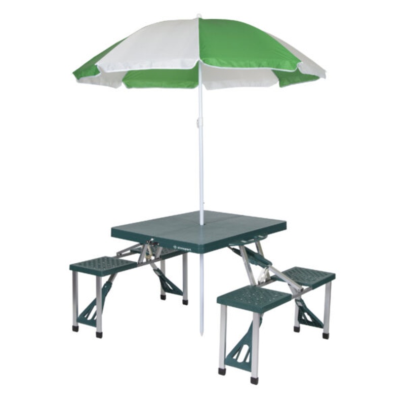 Stansport Picnic Table and Umbrella Combo – Green – Heavy Duty Plastic – Square | Bigbigmart.com