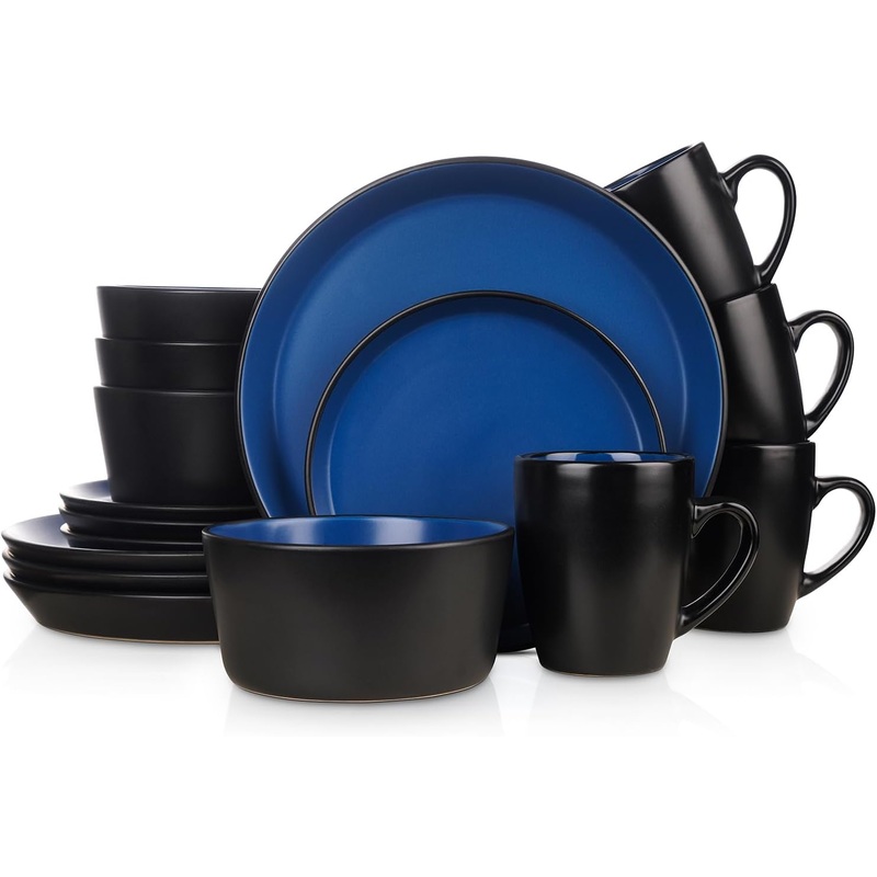 Stone Lain Albie 16-Piece Dinnerware Set Stoneware, Blue and Black | Bigbigmart.com