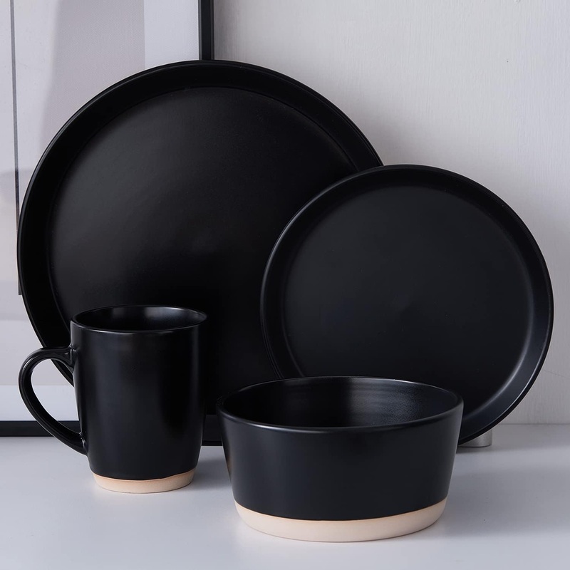 Stone Lain Jules Stoneware 16-piece Round Dinnerware Set, Black,16-Piece Service for 4 | Bigbigmart.com