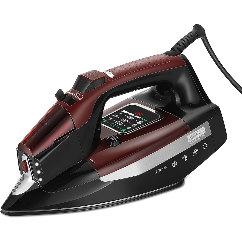 Sunbeam Professional Steam Iron, 1700 Watt, Large Nonstick Ceramic Soleplate, Horizontal or Vertical Shot of Steam, Self Cleaning, Large LED Screen and Bright LED Lights, 8′ Swivel Cord, Black/Red | Bigbigmart.com