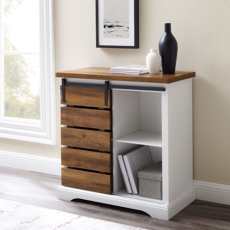 Woven Paths Farmhouse Sliding Door Accent Cabinet, Solid White Reclaimed Barnwood | Bigbigmart.com