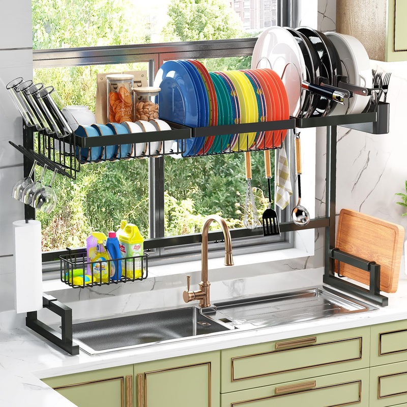ADBIU Over The Sink (24- 32.5 L) Dish Drying Rack (Expandable Dimension) Snap-On Design 2 Tier Kitchen Large Dish Drainer