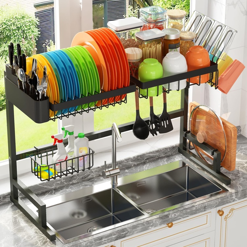 ADBIU Over The Sink Dish Drying Rack (Expandable Height and Length) Snap-On Design 2 Tier Large Dish Rack Stainless Steel (24 – 35.5(L) x 12(W) x 19 – 22(H)) | Bigbigmart.com