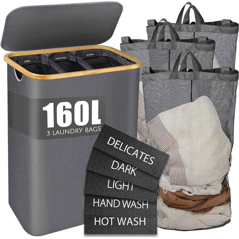 Bathola Hampers for Laundry Basket with Lid, 160L Extra Large 3 Section Clothes Divided Organizer for Bedroom,Laundry Room,Dirty Clothing Hamper,Grey | Bigbigmart.com