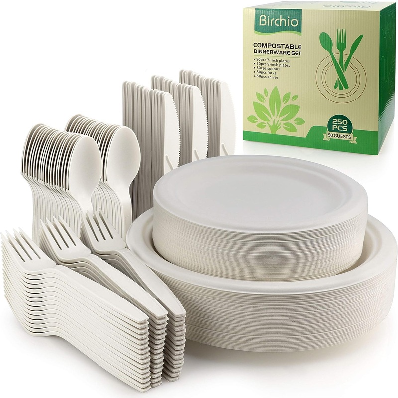 BIRCHIO 250 Piece Biodegradable Paper Plates Set (EXTRA LONG UTENSILS), Disposable Dinnerware Set, Eco Friendly Compostable Plates & Utensil include Plates, Forks, Knives and Spoons for Party | Bigbigmart.com