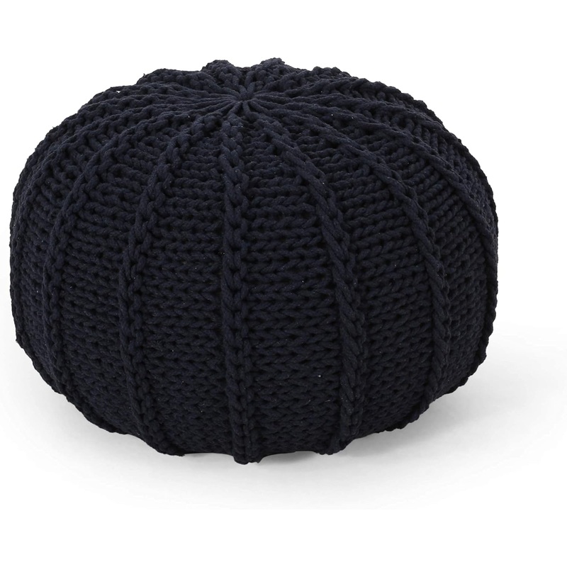 Christopher Knight Home Corisande Modern Knitted Cotton Round Pouf, Dark Blue | Bigbigmart.com