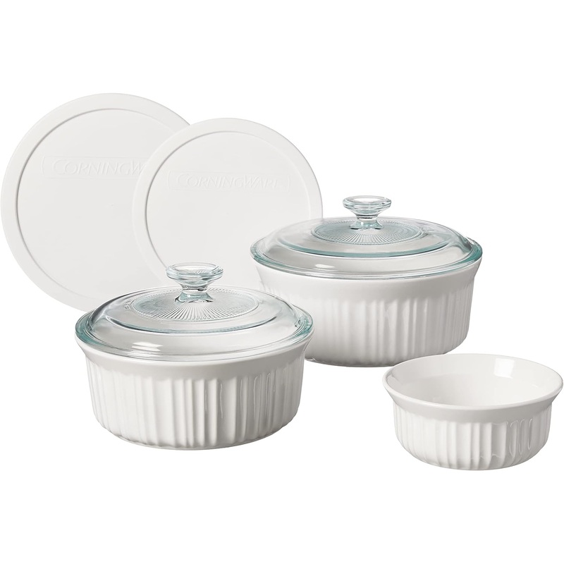 CorningWare French White 7-Pc Ceramic Bakeware Set with Lids, Chip and Crack Resistant Stoneware Baking Dish, Microwave, Dishwasher, Oven, Freezer and Fridge Safe | Bigbigmart.com