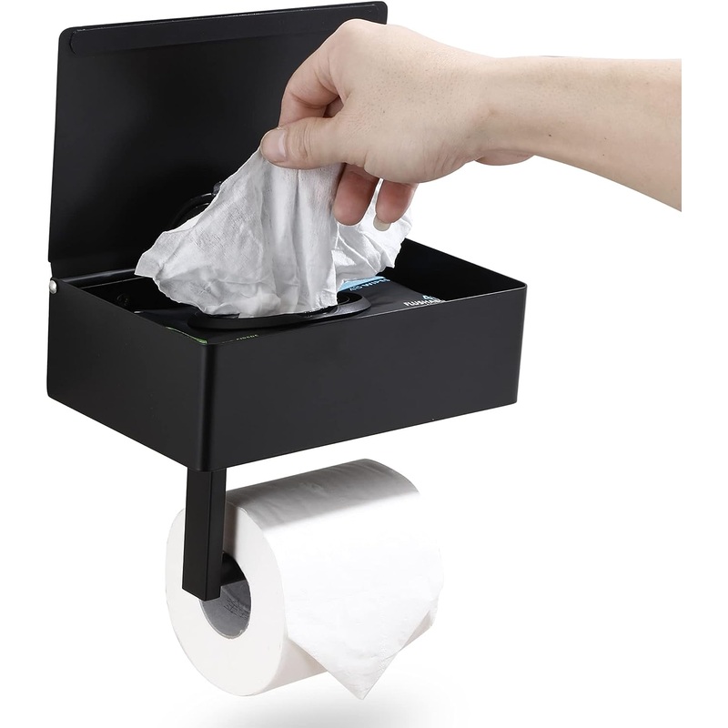 Day Moon Designs Toilet Paper Holder & Flushable Wet Wipes Dispenser for Bathroom | Adult, Men, Women, Feminine Wipe Storage Built-in | Stainless Steel Wall Mount (Black, Large) | Bigbigmart.com