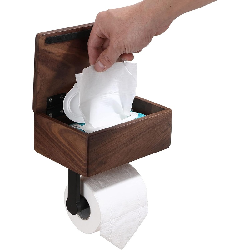 Day Moon Designs Toilet Paper Holder with Shelf – Flushable Wipes Dispenser & Storage Fits Any Bathroom, Keep Your Wet Wipes Hidden – Wooden Wall Mount Bathroom Organizer – Small, Dark Wood | Bigbigmart.com