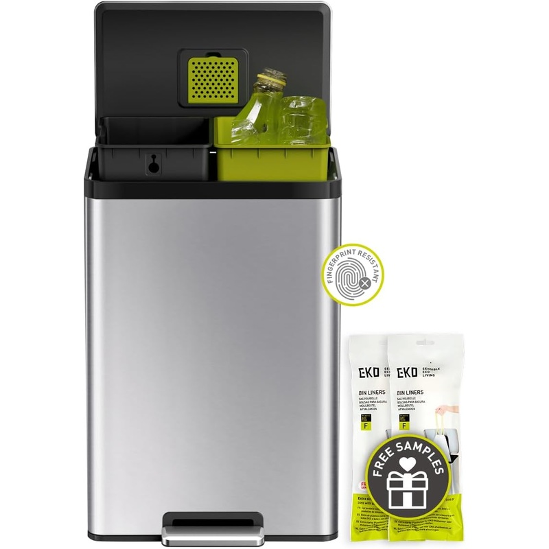 EKO EcoCasa II Rectangular Kitchen Step Trash Can, 20L+20L Dual Compartment Recycling Bins, Stainless Steel Lid and Pedal, Odor-Proof, Fingerprint Resistant | Bigbigmart.com