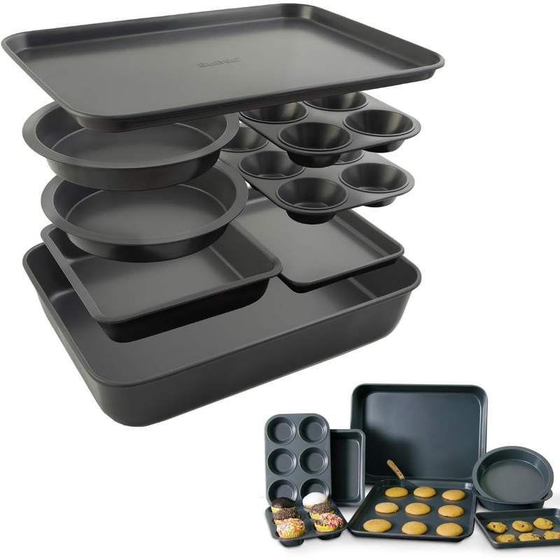 Elbee Home 8-Piece Nonstick Aluminized Steel, Space Saving Baking Set , With Deep Roasting Pan, Cookie Sheet, Cake Pans, Muffin Pans and Baking Pan PFOA & PFOS Free | Bigbigmart.com