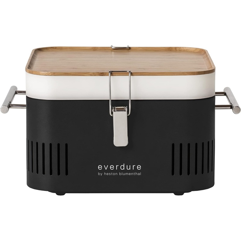 Everdure CUBE Portable Charcoal Grill, Tabletop BBQ, Perfect Tailgate, Beach, Patio, or Camping Grill, Lightweight & Compact Small Grill with Preparation Board & Food Storage Tray, Matte Black | Bigbigmart.com
