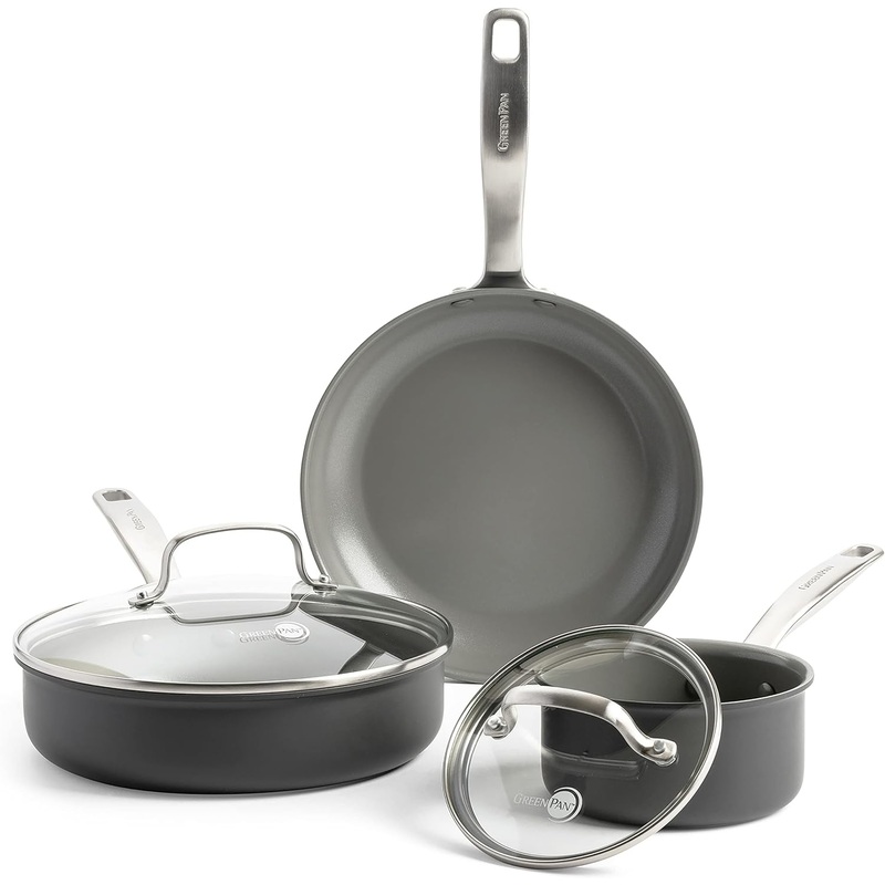 GreenPan Chatham Hard Anodized Healthy Ceramic Nonstick 5 Piece Cookware Pots and Pans Set, Saute, Saucepan, Lids, Stainless Steel Handles, PFAS-Free, Dishwasher Safe, Oven Safe, Gray | Bigbigmart.com