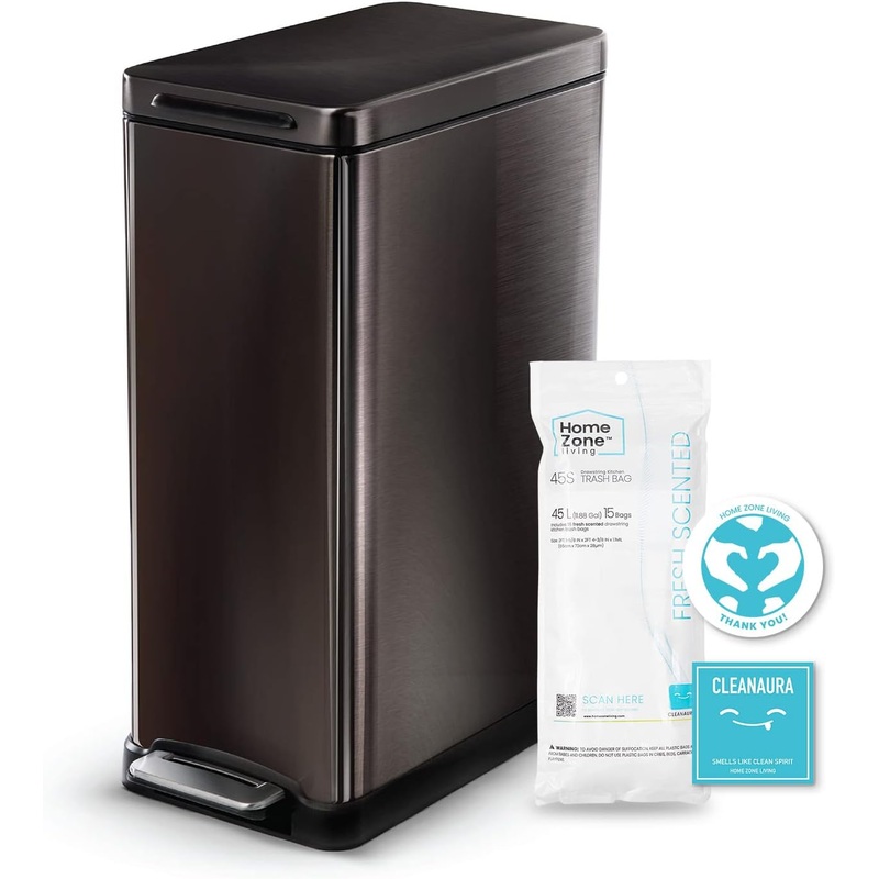 Home Zone Living 12 Gallon Slim Kitchen Trash Can, Stainless Steel, Step Pedal, 45 Liter | Bigbigmart.com