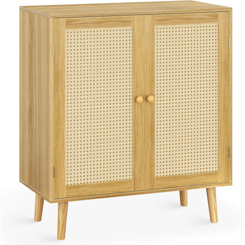 Huuger Buffet Cabinet with Storage, Storage Cabinet with PE Rattan Decor Doors, Accent Cabinet with Solid Wood Feet, Sideboard Cabinet for Hallway, Entry, Living Room, Natural | Bigbigmart.com