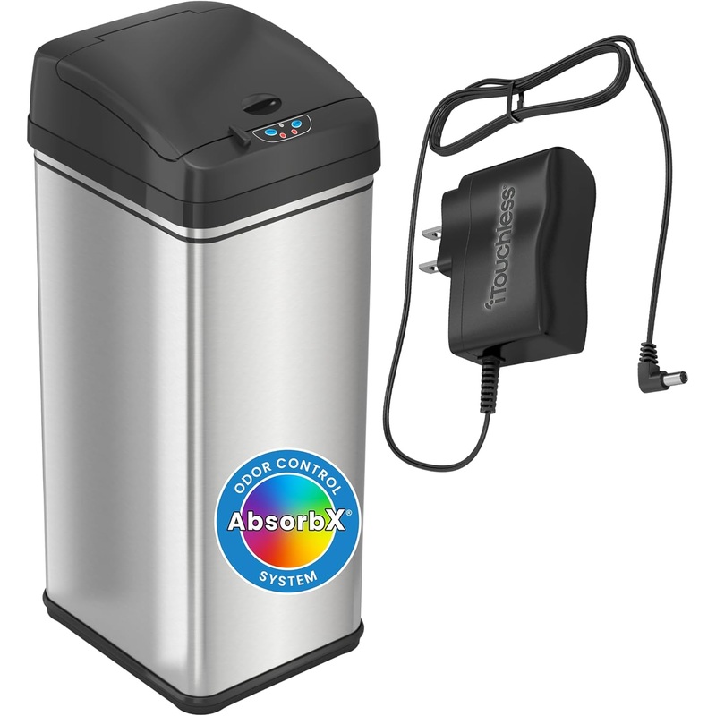 iTouchless 13 Gallon Sensor Trash Can Battery-Free Automatic Bin with Odor Filter, for Kitchen and Office, Black and Stainless Steel, Ac Adapter | Bigbigmart.com
