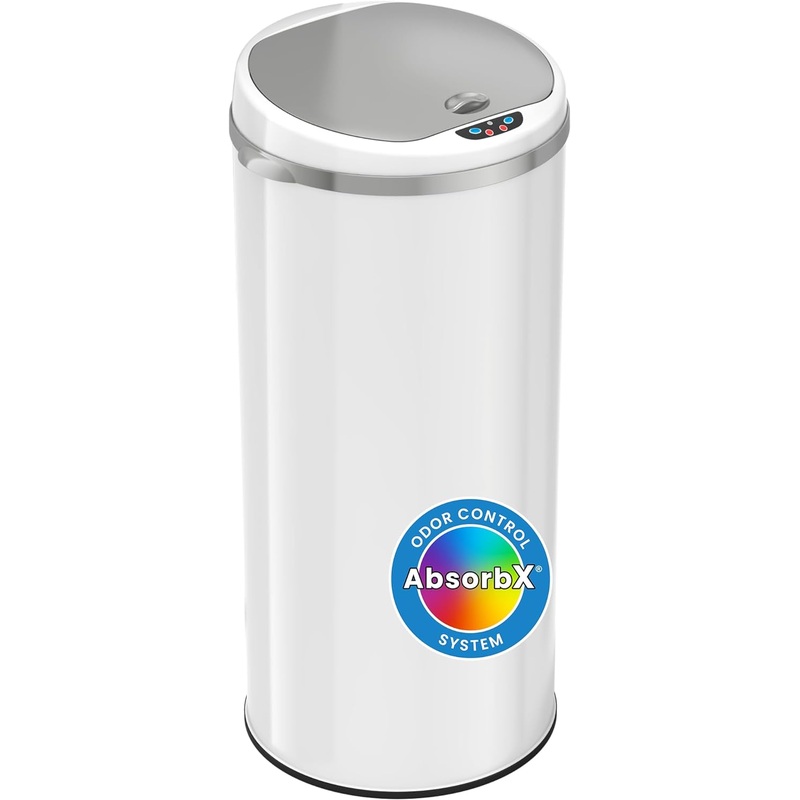 iTouchless 13 Gallon Touchless Sensor Trash Can with Odor Filter System, Round Steel Garbage Bin, Perfect for Home, Kitchen, Office, Alpine White 13 Gal | Bigbigmart.com