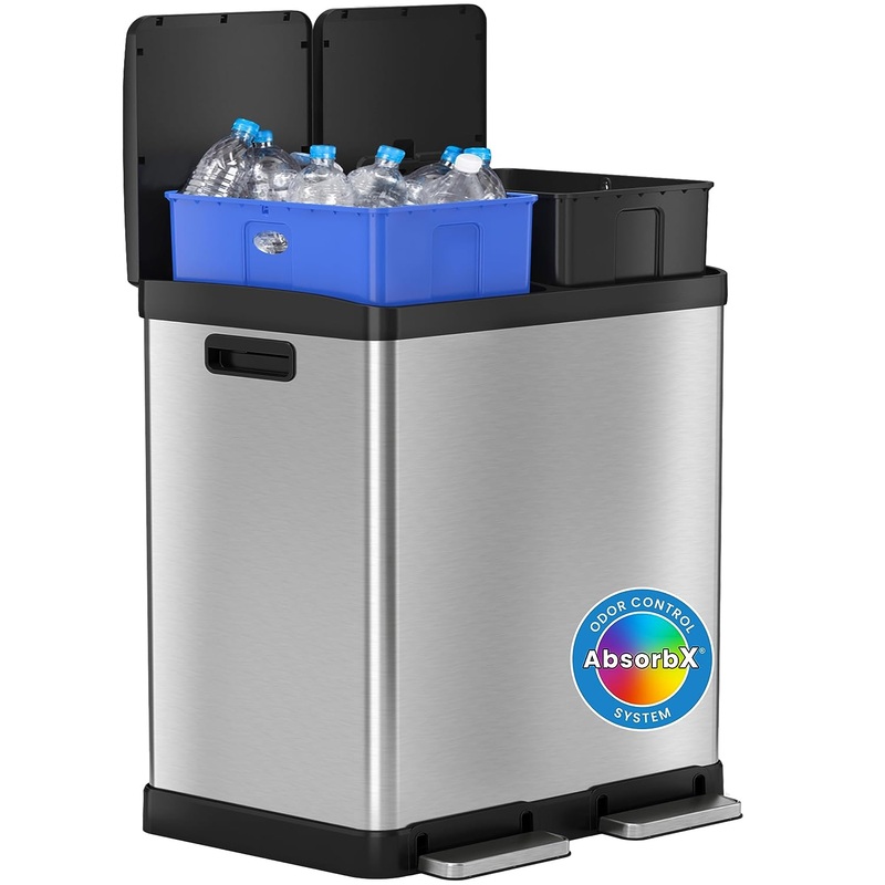 iTouchless 16 Gallon Kitchen Dual Step Trash Can & Recycle Bin, Stainless Steel, includes 2 x 8 Gallon (30L) Removable Inner Buckets, Soft Close Lid and Airtight, for Home, Office, Business | Bigbigmart.com