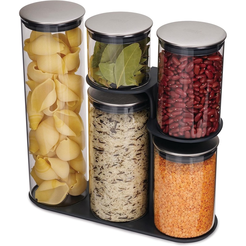Joseph Joseph Podium 100 Dry Food Storage Container Stand, 5-Piece Set, Stainless-Steel/Glass | Bigbigmart.com