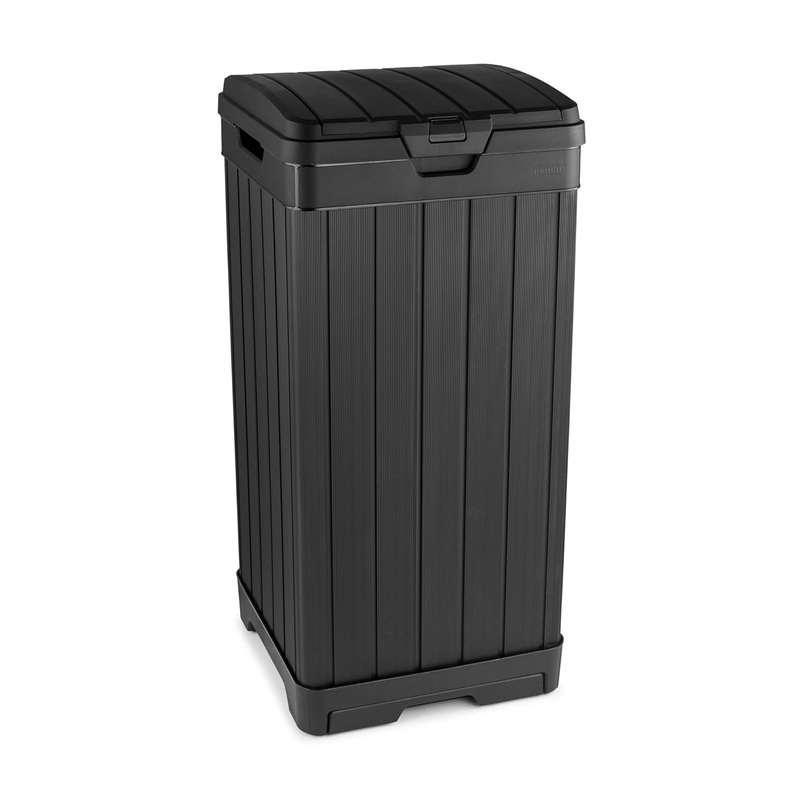 Keter Baltimore 38 Gallon Trash Can with Lid and Drip Tray for Easy Cleaning-Perfect for Patios, Kitchens, and Outdoor Entertaining, 38 Gallons, Black | Bigbigmart.com