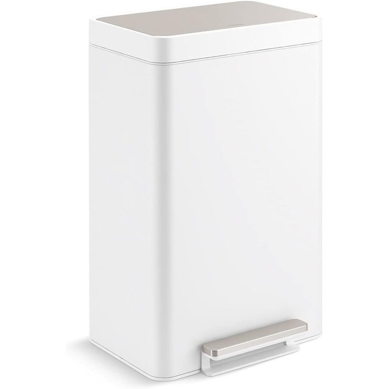 KOHLER 20956-STW 11 Gallon Dual Compartment Trash Can, Quiet-Close Lid, Trash Can with Soft-Close and Foot Pedal, Stainless and White | Bigbigmart.com