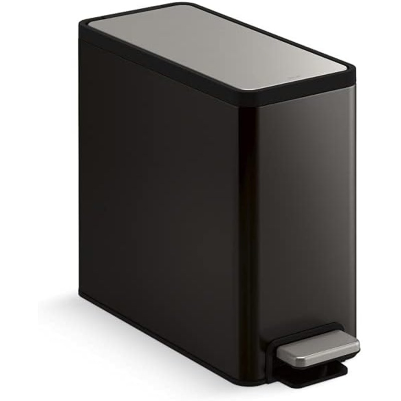 Kohler Bathroom, 2.5 Gallon Small Trash Can with Quiet-Close Lid and Hand Free Foot Pedal, Black Stainless Steel | Bigbigmart.com