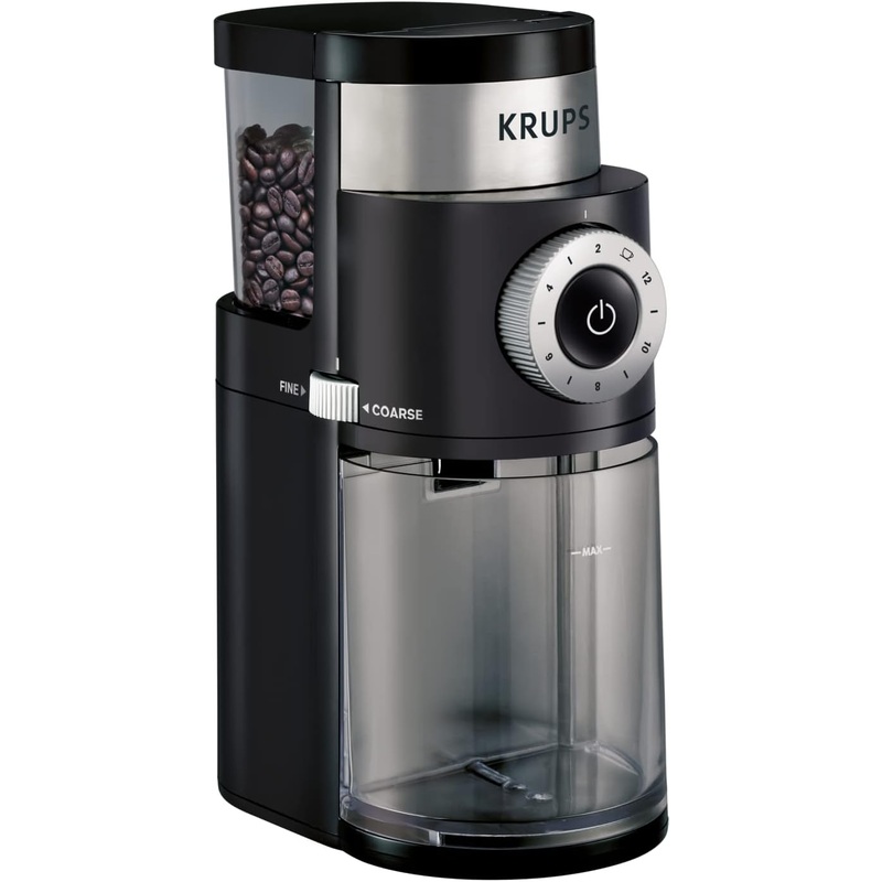 Krups Precision Plastic and Stainless Steel Flat Burr Grinder 12 Cup 110 Watts 12 Grind Settings, Drip, French Press, Espresso, Pour Over, Cold Brew Black | Bigbigmart.com