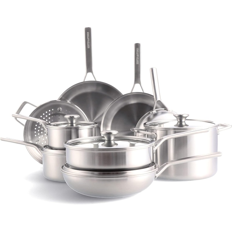 Merten & Storck Tri-Ply Stainless Steel 14 Piece Cookware Pots & Pans Set,Professional Cooking,Multi Clad,Measurement Markings,Drip-Free Pouring Edges,Durable Glass Lids,Induction,Oven&Dishwasher Safe | Bigbigmart.com