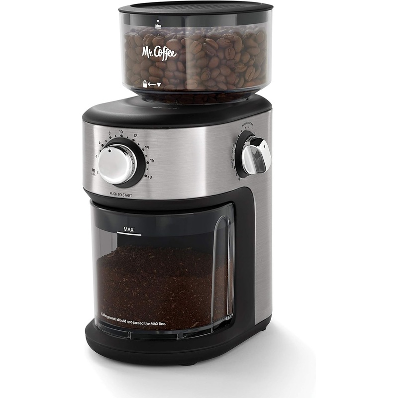 Mr. Coffee Burr Coffee Grinder, Automatic Grinder with 18 Presets for French Press, Drip Coffee, and Espresso, 18-Cup Capacity, Stainless Steel | Bigbigmart.com