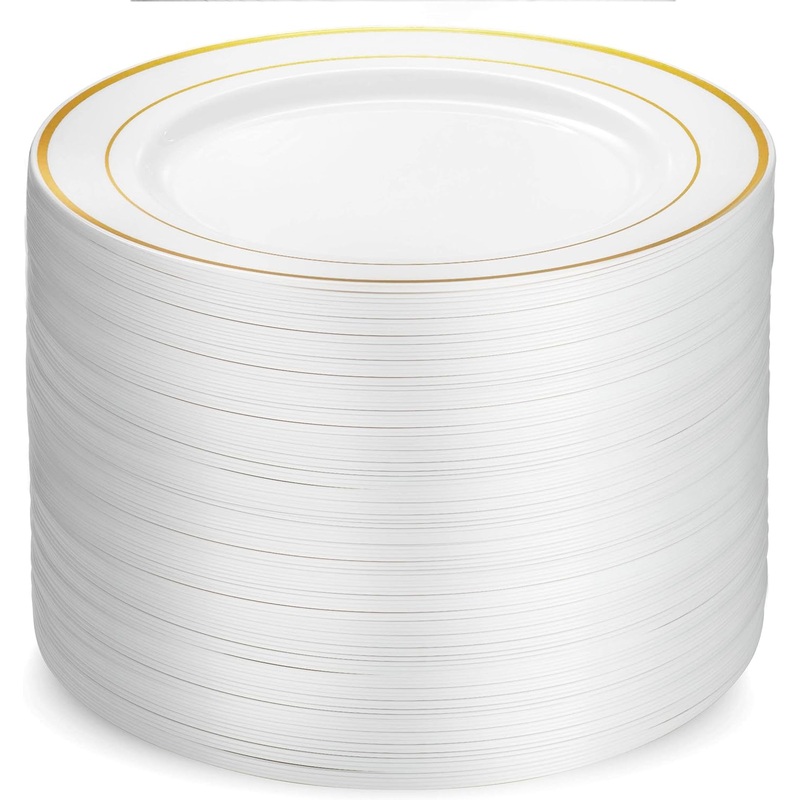 Munfix 100 Piece Plastic Party Plates White Gold Rim, Premium 10.25 Inch Dinner Elegant Fancy Heavy Duty Disposable Wedding Plates | Bigbigmart.com