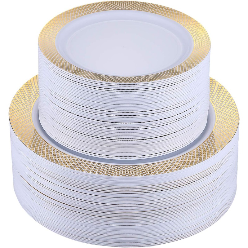 OCUSLINE 102Pcs Disposable Plastic Plates Gold Grid Rim Party Plates, 51Pcs 10 Inch Dinner Plates and 51Pcs 7 Inch Dessert Plates