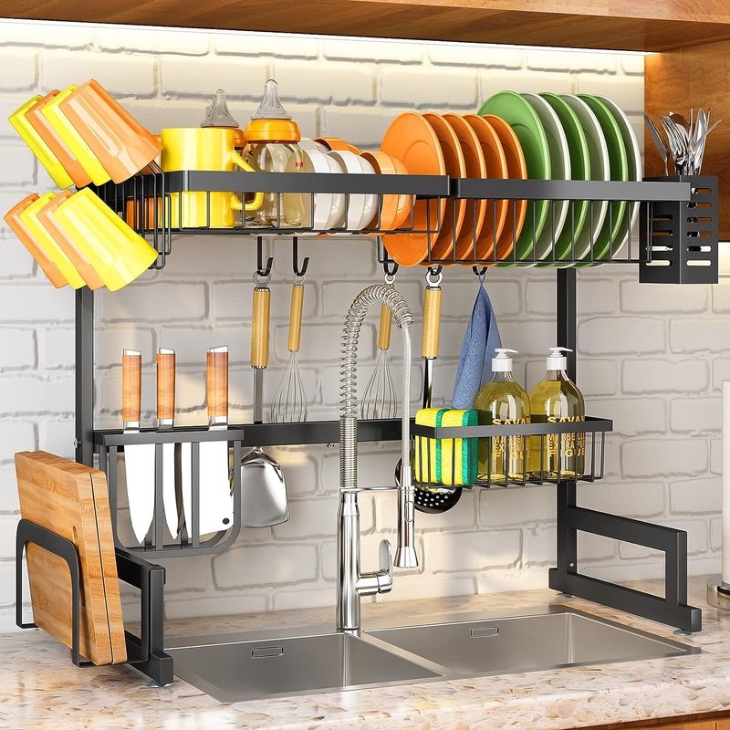 Over The Sink Dish Drying Rack, Adjustable (26.8 to 34.6) Large Dish Drying Rack for Kitchen Counter with Multiple Baskets Utensil Sponge Holder Sink Caddy, 2 Tier Black | Bigbigmart.com