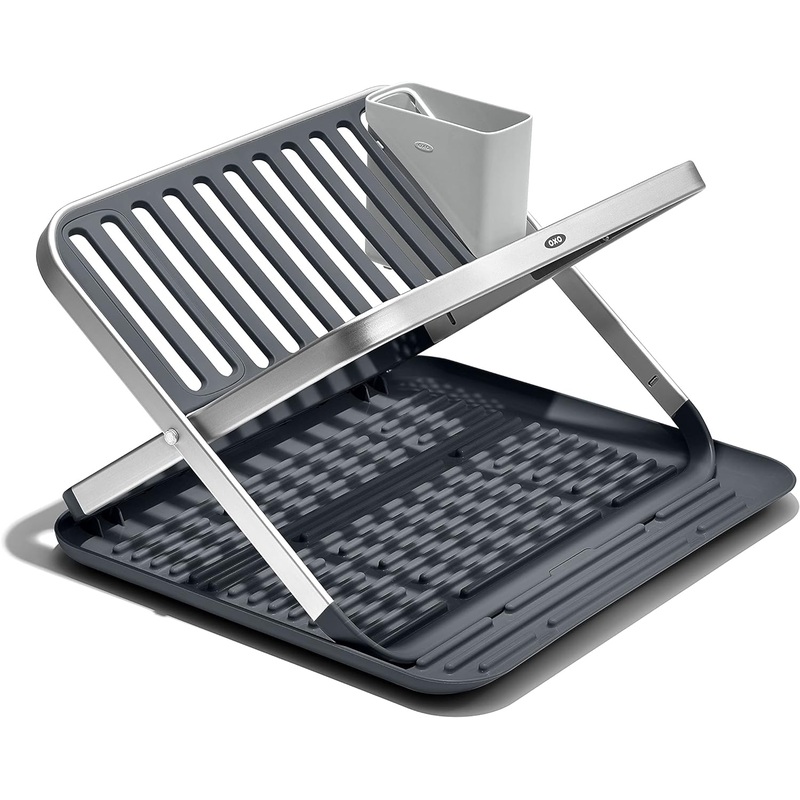 OXO Good Grips Aluminum Fold Flat Dish Drying Rack, 2-Tier, with Drainboard, for Kitchen Counter, Collapsible | Bigbigmart.com