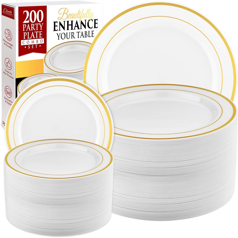 Prestee 200pc Gold Plastic Plates – 100 Dinner Plates & 100 Salad Plates, White + Gold-Rimmed Plastic Plates, Gold Party Plates Disposable Heavy Duty – Dessert, Appetizer, Holiday, Wedding Plates | Bigbigmart.com