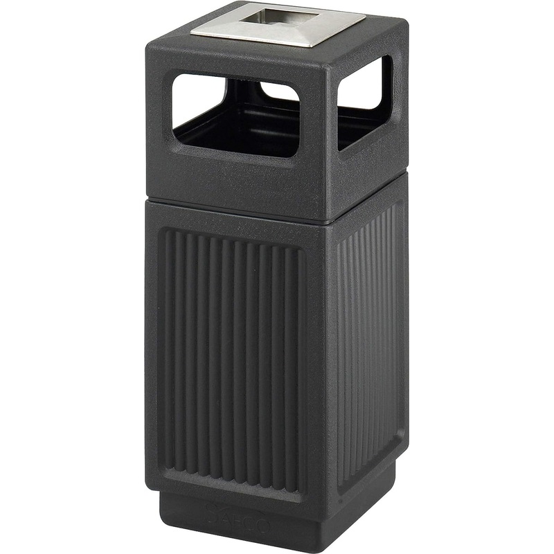 Safco Products Canmeleon Outdoor-Indoor Recessed Panel Trash, Garbage Can with Ash Urn 9474BL Black Decorative Fluted Panels Stainless Steel Ashtray 15 Gallon Capacity | Bigbigmart.com