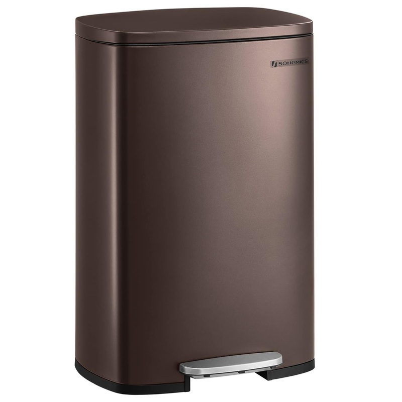 SONGMICS 13 Gallon Trash Can, Stainless Steel Kitchen Garbage Can, Recycling or Waste Bin, Soft Close, Step-On Pedal, Brown ULTB50BR