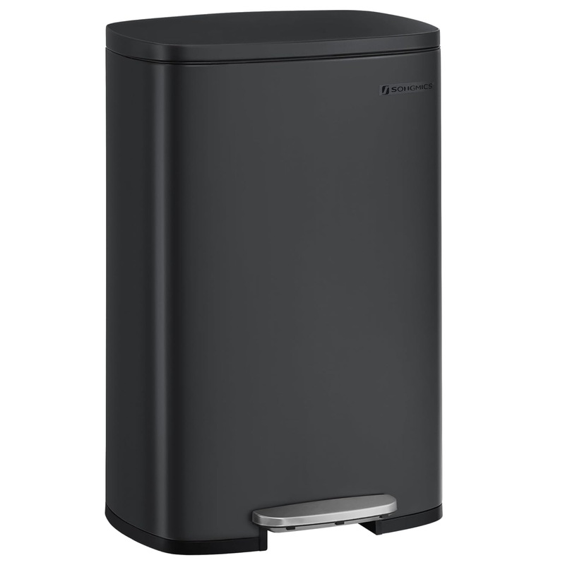 SONGMICS 13 Gallon Trash Can, Stainless Steel Kitchen Garbage Can, Recycling or Waste Bin, Soft Close, Step-On Pedal, Removable Inner Bucket, Black ULTB050B01 | Bigbigmart.com