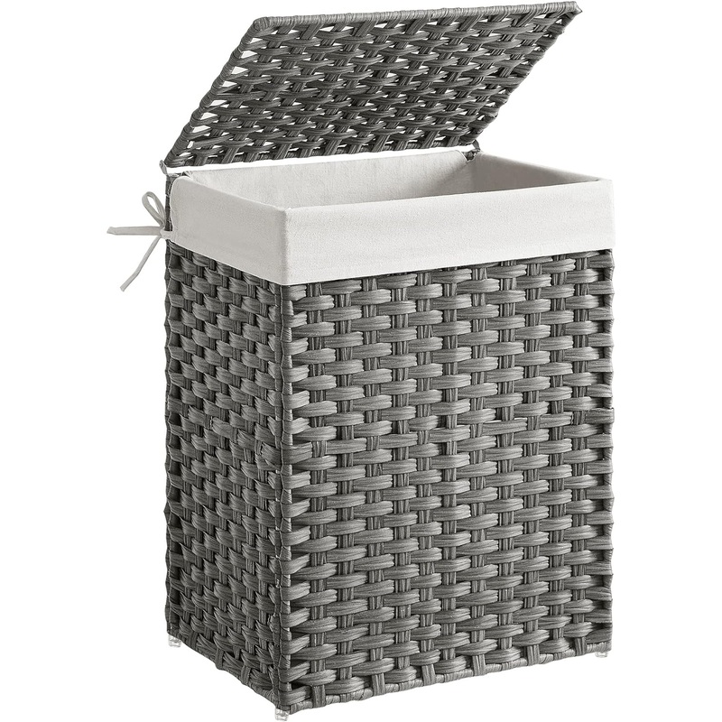 SONGMICS Handwoven Laundry Hamper, 23.8 Gal (90L) Synthetic Rattan Clothes Laundry Basket with Lid and Handles, Foldable, Removable Liner Bag, Gray ULCB51WG | Bigbigmart.com