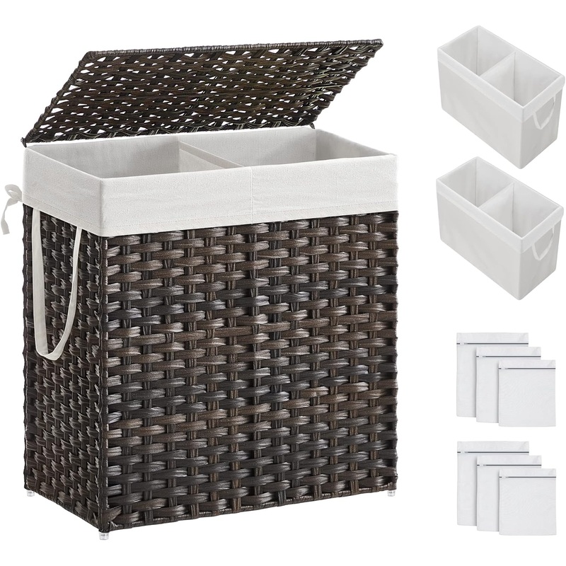 SONGMICS Laundry Hamper with Lid, 130L Clothes Hamper with 2 Removable Liner Bags and 6 Mesh Bags, Wicker Laundry Basket, Double Laundry Hamper for Bathroom, 13 x 26 x 23.6 Inches, Brown ULCB253K01 | Bigbigmart.com