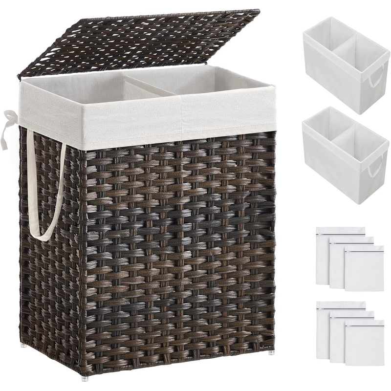 SONGMICS Laundry Hamper with Lid, 90L Clothes Hamper with 2 Removable Liner Bags & 6 Mesh Bags, Wicker Laundry Basket, Double Laundry Hamper for Bathroom, 13 x 18.1 x 23.6 Inches, Brown ULCB251K01V1 | Bigbigmart.com