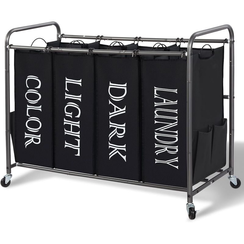 STORAGE MANIAC Laundry Sorter, Divider with Side Pockets, Multi Separator Hamper Removable Bags and Rolling Lockable Wheels, Organizer Hamper, 4 Section Black | Bigbigmart.com