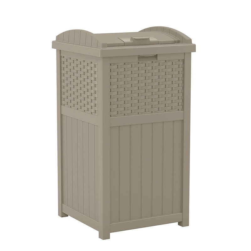 Suncast 33 Gallon Hideaway Trash Can for Patio – Resin Outdoor Trash with Lid – Use in Backyard, Deck, or Patio – Dark Taupe | Bigbigmart.com