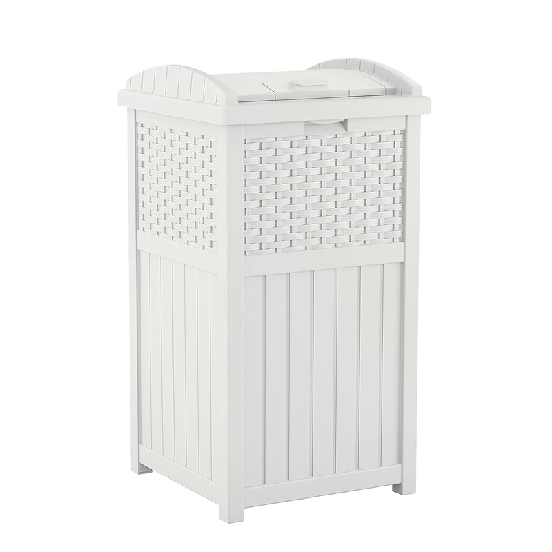 Suncast 33 Gallon Hideaway Trash Can for Patio – Resin Outdoor Trash with Lid – Use in Backyard, Deck, or Patio – White | Bigbigmart.com