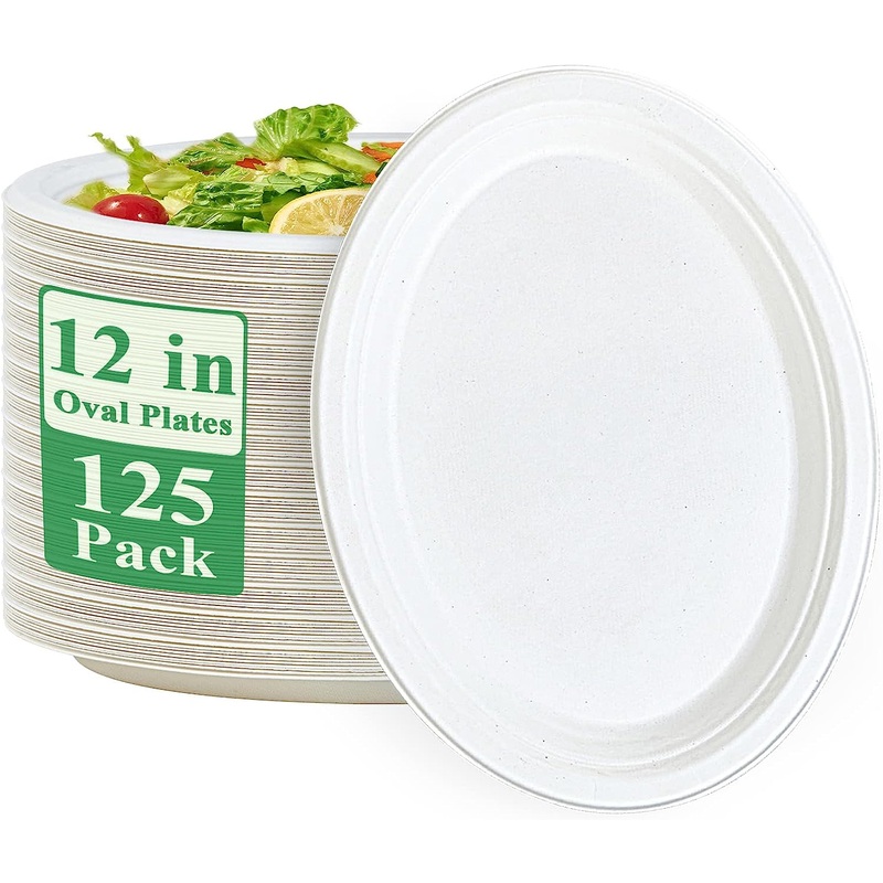 Vplus 100% Compostable Oval Paper Plates 12 inch 125 Pack Super Strong Disposable Paper Plates Bagasse Natural Biodegradable Eco-Friendly Sugarcane Plates for BBQ, Party, Gathering, and Picnic | Bigbigmart.com