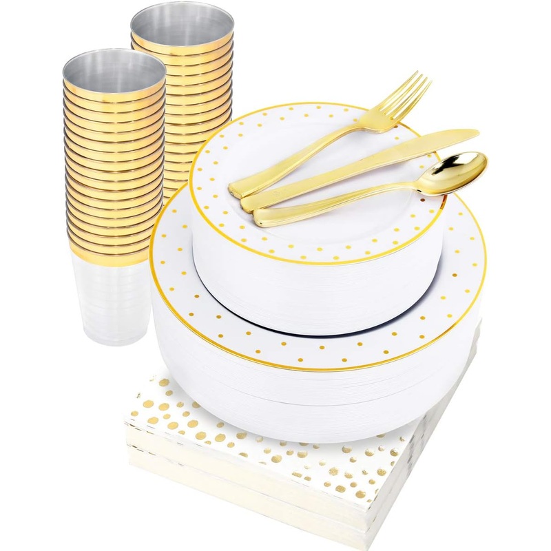 WELLIFE 350 Pcs Gold Dot Plastic Dinnerware, Disposable White Plates with Gold Dot Include: 50 Dinner Plates, 50 Dessert Plates, 50 Knives, 50 Forks, 50 Spoons, 50 Cups, 50 Napkins | Bigbigmart.com