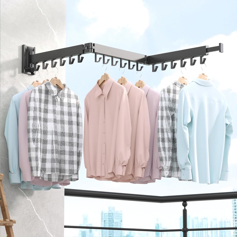BOQORAD Wall Mounted Clothes Hanger Rack, Retractable Clothes Drying Rack,Space-Saver, Laundry Drying Rack,Collapsible