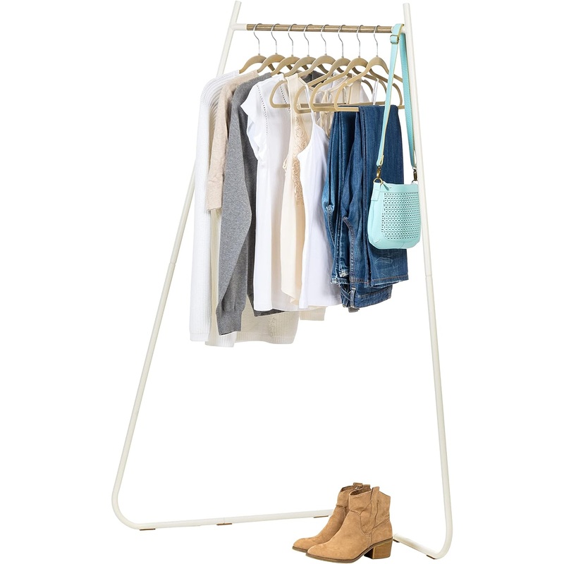 IRIS USA Stylish Corner Clothes Rack for Hanging Clothes, Easy to Assemble, Freestanding Metal Sturdy Garment Rack, Small Space Storage Solution, Modern Versatile Design, Boutique Style, White | Bigbigmart.com